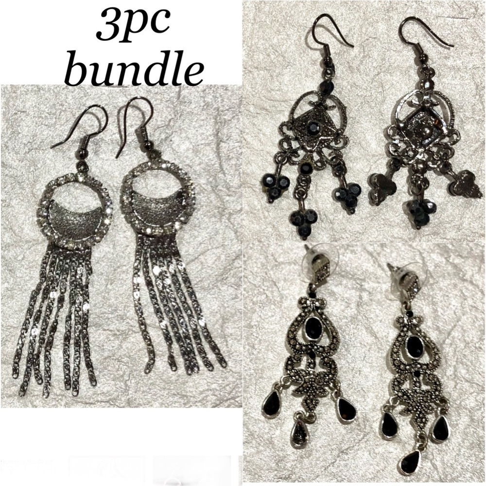 3pc bundle dangling rhinestone earrings 3 different styles silver/black - Picture 1 of 6